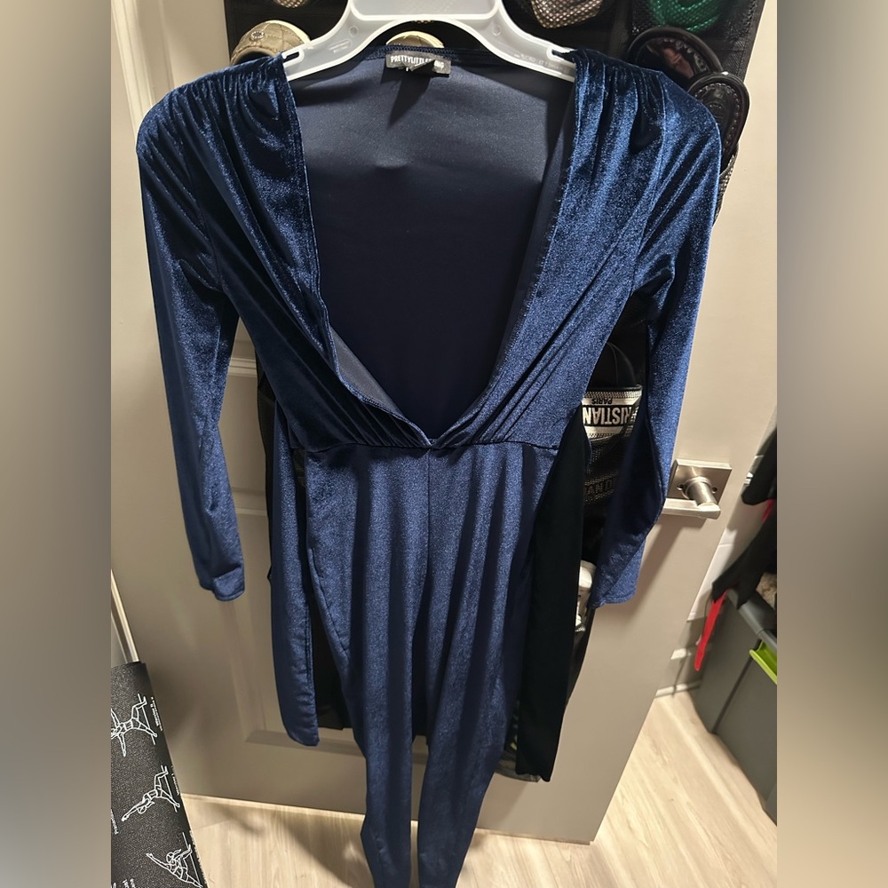 Navy Velvet Deep Plunge Tie Waist Jumpsuit